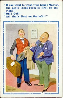 Comic postcard, French guest and hotel porter Date: 20th century Comic postcard, French guest and hotel porter Date: 20th century
