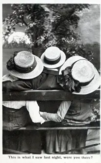Suggestive Prints: Comic Postcard - Gent and two ladies on a bench - This is what I saw last night