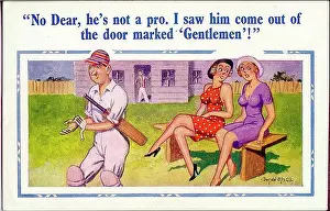 Batsmen Prints: Comic postcard, Gentleman or player? Women discuss cricketer. Date: 20th century