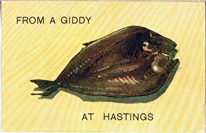 Comic postcard, From a giddy fish at Hastings Date: 20th century Comic postcard, From a giddy fish at Hastings Date: 20th century