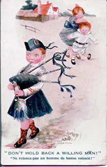 Bagpipes Prints: Comic postcard, girl, boy and bagpipe player - Don't hold back a willing man! Date: early 20th century