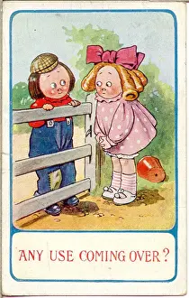 Invitation Prints: Comic postcard, Girl and boy chat over a gate Date: 20th century