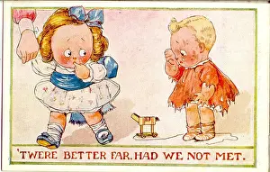 Comic postcard, Girl and boy falling out over broken toy Date: 20th century