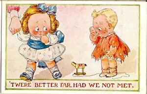 Unhappy Gallery: Comic postcard, Girl and boy falling out over broken toy Date: 20th century