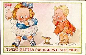 Comic postcard, Girl and boy falling out over broken toy Date: 20th century Comic postcard, Girl and boy falling out over broken toy Date: 20th century