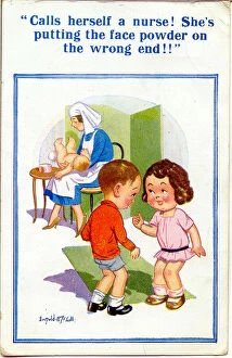 Wrong Collection: Comic postcard, Girl and boy, nurse and baby