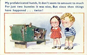 Bursting Gallery: Comic postcard, Girl and boy with overflowing rabbit hutch Date: 20th century