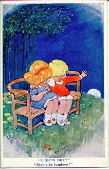 Hilda Prints: Comic postcard, girl and boy on park bench at night - Lights out! Date: circa 1930s