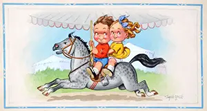 Comic postcard, Girl and boy riding on a roundabout horse Date: 20th century