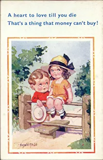 Comic postcard, Girl and boy sitting on a stile Date: 20th century Comic postcard, Girl and boy sitting on a stile Date: 20th century