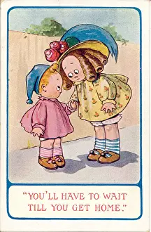Comic postcard, Girl and boy walking home Date: 20th century
