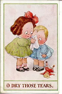 Tears Prints: Comic postcard, Girl comforts crying boy Date: 20th century