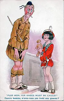 Knees Prints: Comic postcard, Girl pities Scottish soldier - Puir mon