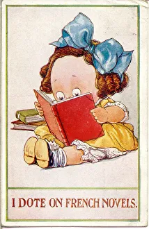 Comic postcard, Girl reading a French novel Date: 20th century Comic postcard, Girl reading a French novel Date: 20th century