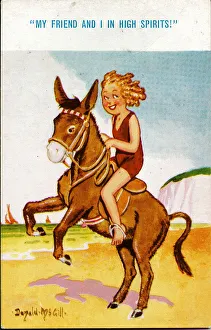 Comic postcard, Girl riding donkey on beach Date: 20th century Comic postcard, Girl riding donkey on beach Date: 20th century
