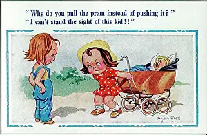 Comic postcard, Girls with crying baby in a pram Date: 20th century
