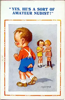 Comic postcard, Two girls discuss little boy Date: 20th century
