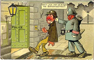 Drunkard Prints: Comic postcard, Put me among the girls - Drunkard arrested. Date: early 20th century