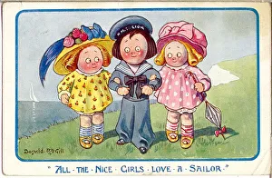 Linked Prints: Comic postcard, Two girls with a sailor Date: 20th century