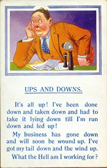Comic postcard, Gloomy businessman - Ups and Downs Date: 20th century Comic postcard, Gloomy businessman - Ups and Downs Date: 20th century
