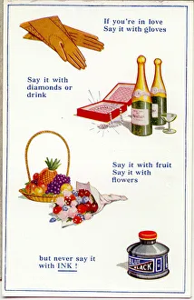 Comic postcard, Gloves, diamonds, drink, fruit, flowers and ink Date: 20th century