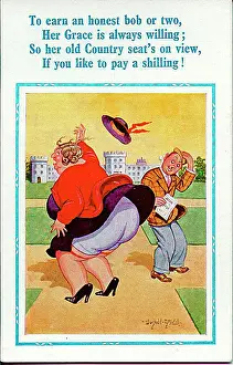 Amused Prints: Comic postcard, Her Grace's country seat - windy day Date: 20th century