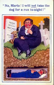 Cemetery Prints: Comic postcard, Grieving woman in cemetery Date: 20th century