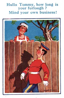 Guardsman Prints: Comic postcard, Guardsman and maid, WW2 - How long is your furlough