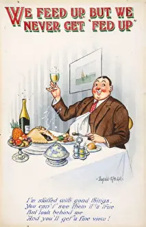 Pastry Prints: Comic postcard, Happy diner in restaurant Date: 20th century