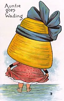 Comic Postcard - Hat theme - Auntie Goes Wading