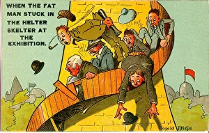 Comic postcard, Helter Skelter, Edinburgh Exhibition - when the fat man got stuck