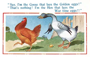 Hens Prints: Comic postcard, hen and goose, WW2 Date: 1940s