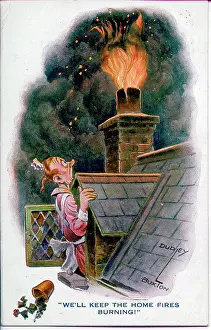 Comic postcard, Keep the home fires burning - woman shocked to see fire coming out of the chimney Date: 1914-1918