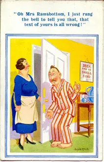 Guest Prints: Comic postcard, Hotel guest and landlady - Seek and ye shall find Date: 20th century