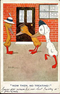 Treats Prints: Comic postcard, three humanised ducks - Now then, no treating! Date: early 20th century
