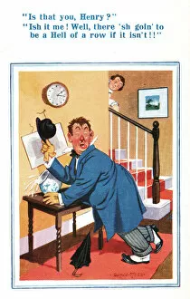 Comic postcard, Husband home drunk Date: 20th century