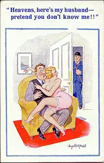 Skimpy Prints: Comic postcard, Husband returns home unexpectedly Date: 20th century