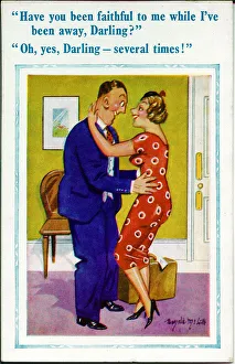 Faithful Collection: Comic postcard, Husband returns home to wife Date: 20th century
