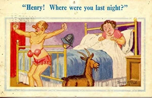 Stretching Collection: Comic postcard, Husband after riotous night out Date: 20th century