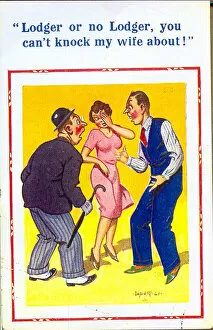Knock Gallery: Comic postcard, Husband, wife and lodger Date: 20th century