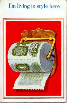 Comic postcard, I m living in style here - a toilet roll made of one pound notes Date