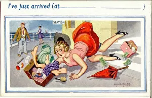 Comic postcard, I ve just arrived - young woman at the seaside Date: 20th century