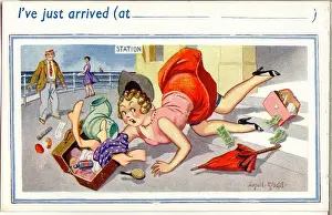 Arrived Prints: Comic postcard, I ve just arrived - young woman at the seaside Date: 20th century