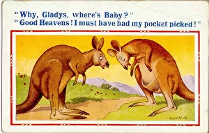 Pouch Collection: Comic postcard, Kangaroo couple with missing baby Date: 20th century