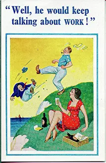 Unwelcome Prints: Comic postcard, Kicked off the cliff Date: 20th century