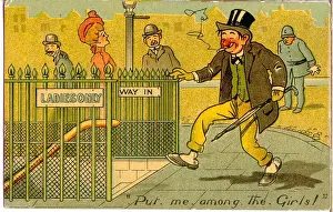 Drunkard Prints: Comic postcard, Ladies Only toilet - Put me among the girls! Date: early 20th century