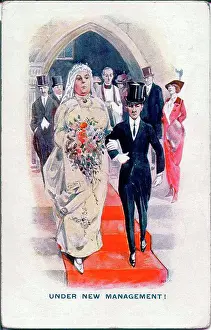 Management Prints: Comic postcard, Large bride and small groom leaving church - under new management! Date: early 20th century