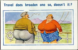 Comic postcard, Large couple on deck of ship Date: 20th century