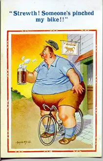 Donald Prints: Comic postcard, Large man with beer and bicycle outside a pub Date: 20th century