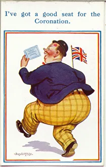 Comic postcard, Large man with Coronation ticket Date: 20th century Comic postcard, Large man with Coronation ticket Date: 20th century